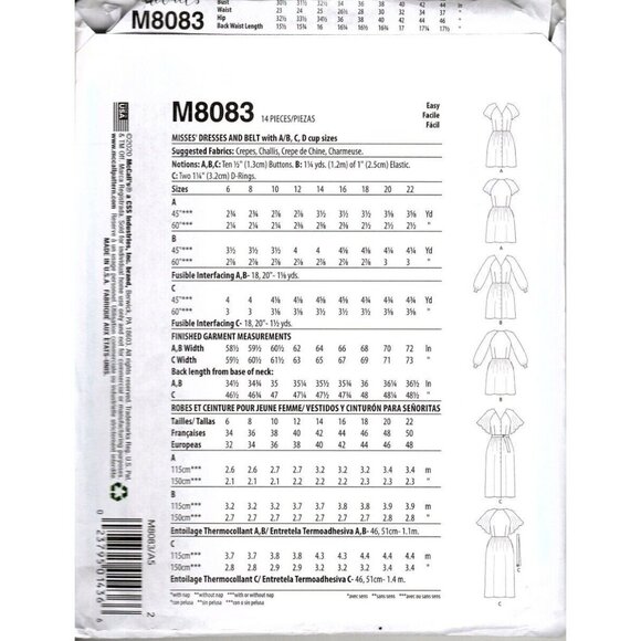 McCall's M8083 Misses 6 to 14 Dresses and Belt Uncut Sewing Pattern New - Picture 2 of 2